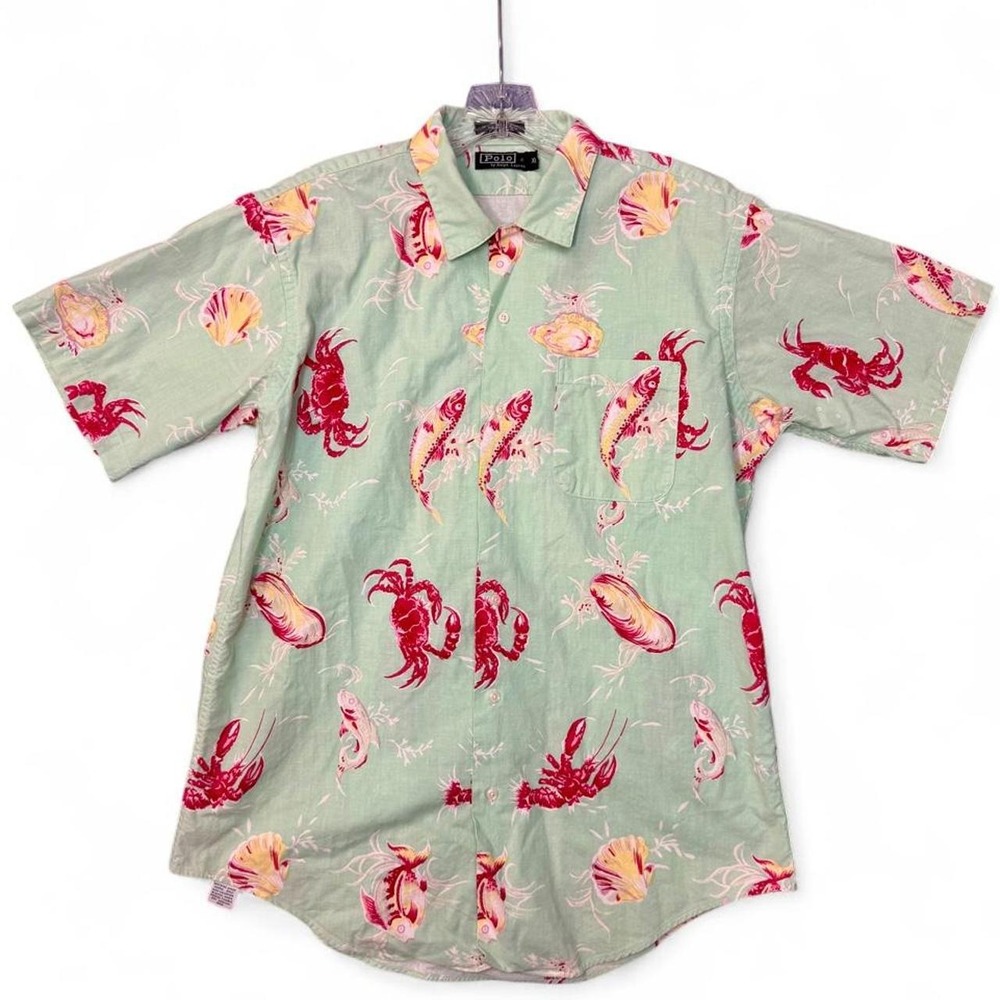 Vintage 90s Polo Ralph Lauren Sea Life Hawaiian Shirt XL Mint Green Novelty